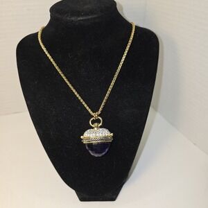 Sparkling Acorn Charm Pendant Necklace Gold Tone Purple Gem Crystal Accents‎